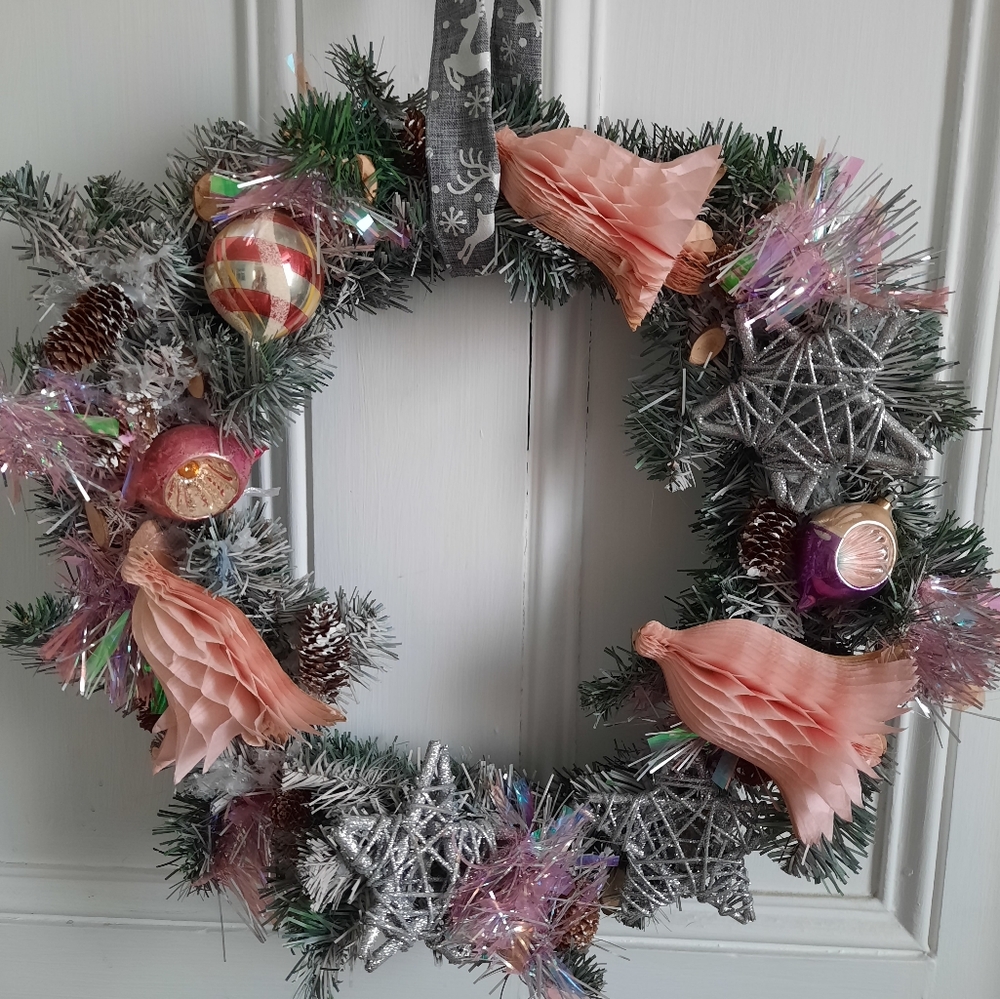 christmas Wreath with Pink vintage paper bells and old ornaments / 16 inches